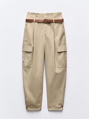 Zara Beige High-Waist Cargo Pants with Brown Belt